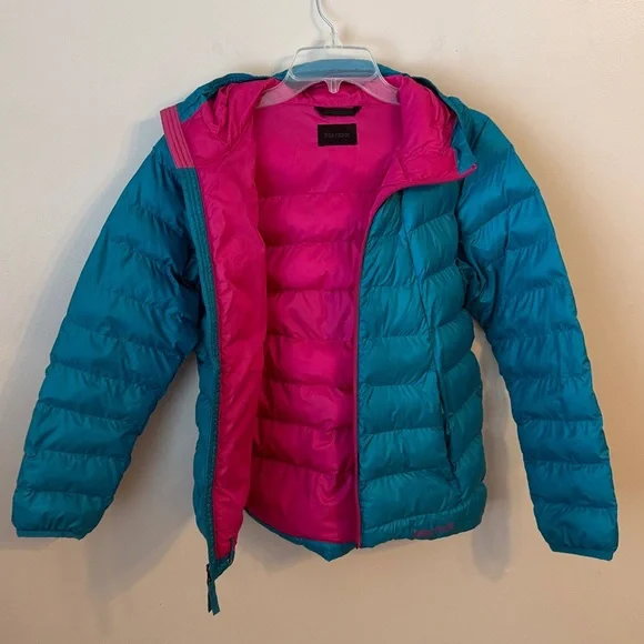 Marmot Girls Puffer Hooded Jacket With Pockets Teal/Hot Pink Size XL - Picture 5 of 13